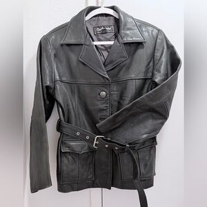 Vintage Black Leather Belted Jacket